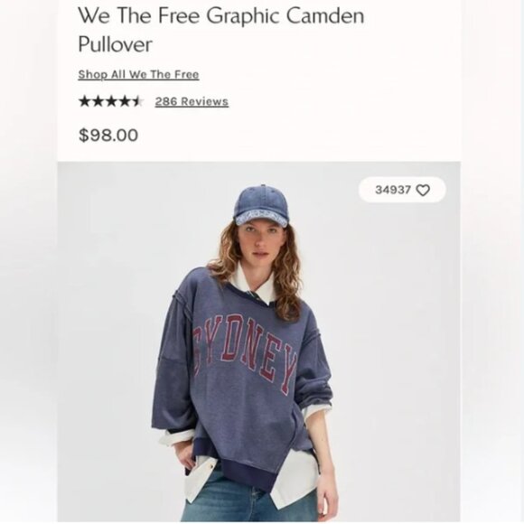 NWT XL We The Free People Graphic CAMDEN Sydney Navy Red Sweatshirt - Picture 1 of 12